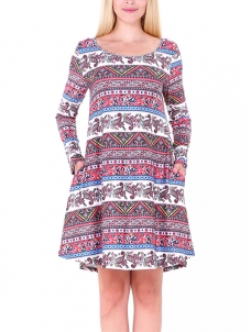 Purple S-XL Warm Printed Flared Casual Dress