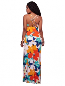 Womens Sleeveless Floral Print Crisscross Maxi Dress