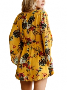 Yellow S-XL V Neck Floral Printed Casual Dress