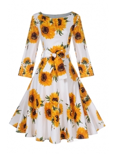 Yellow S-XXL  High Waist Floral Print Casual Dress