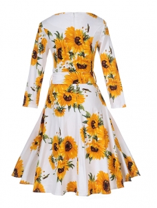Yellow S-XXL  High Waist Floral Print Casual Dress