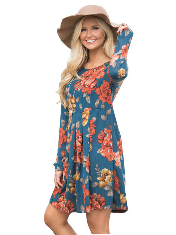 2 Colors S-XL Floral Printing High Waist Casual Dress