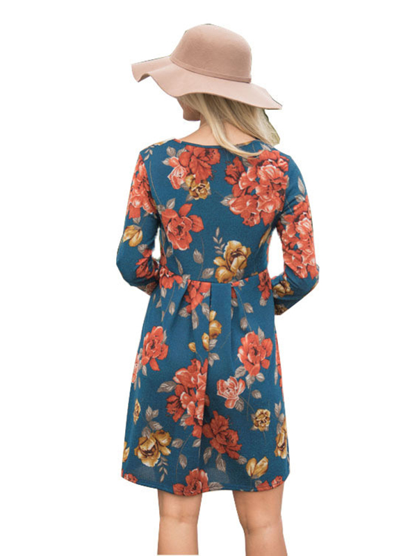 2 Colors S-XL Floral Printing High Waist Casual Dress