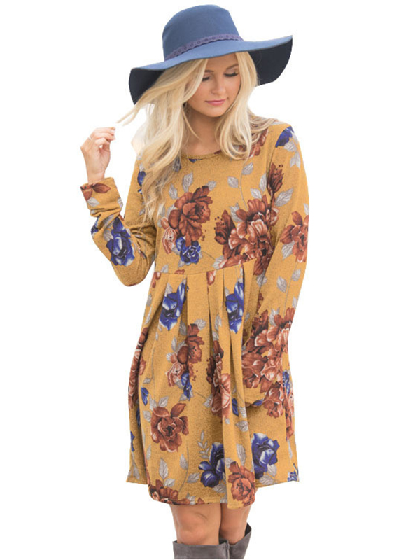 2 Colors S-XL Floral Printing High Waist Casual Dress