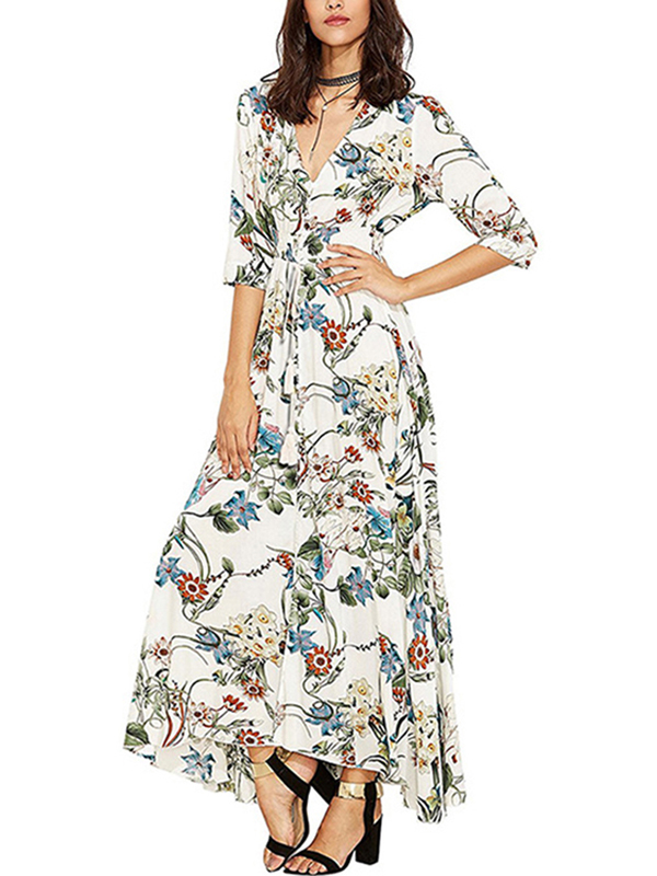 3 Colors S-XL Plunge Neck Flower Print Maxi Dress