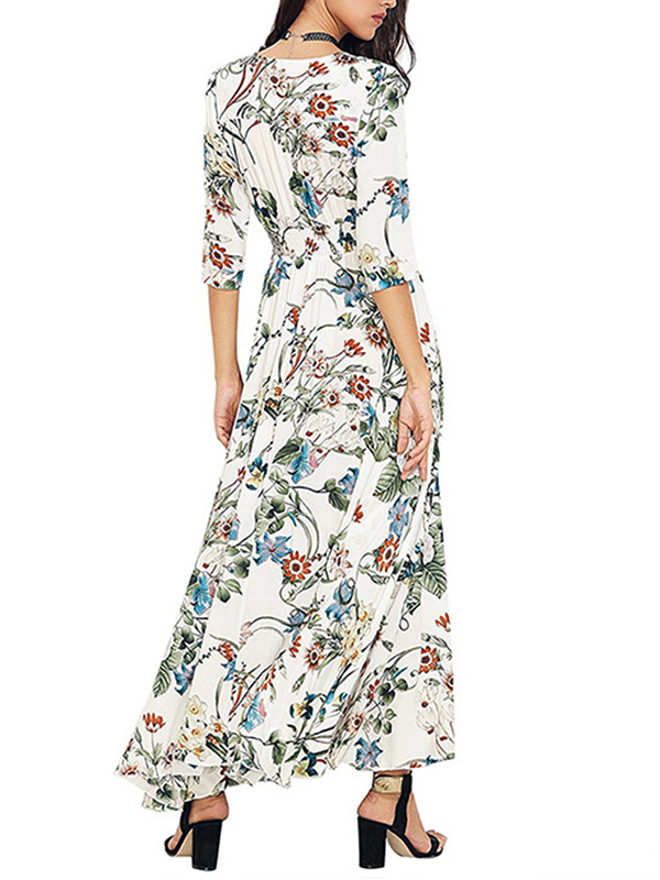 3 Colors S-XL Plunge Neck Flower Print Maxi Dress