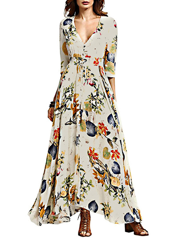 3 Colors S-XL Plunge Neck Flower Print Maxi Dress