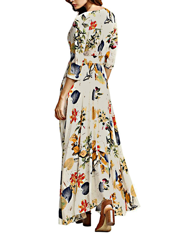 3 Colors S-XL Plunge Neck Flower Print Maxi Dress