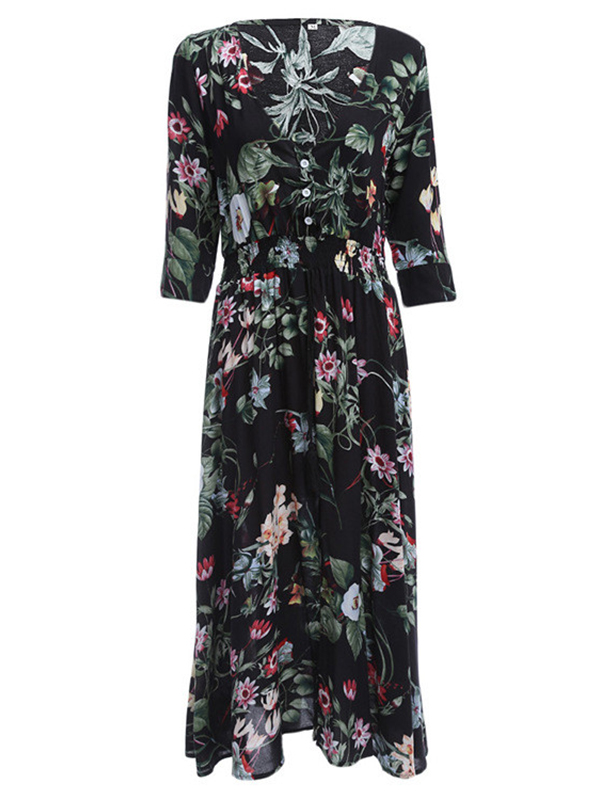 3 Colors S-XL Plunge Neck Flower Print Maxi Dress