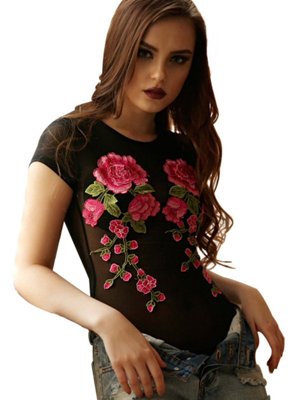 Black S-XL Sexy Floral Print Bodysuit