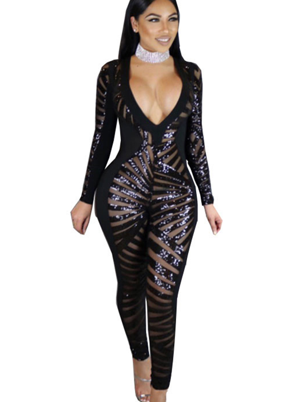 Black S-XL Sexy V-Neck Sequins Plung Jumpsuit