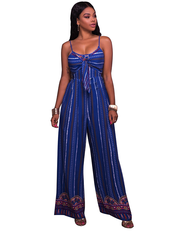 Blue S-XL Sexy Straps Vertical Grain Jumpsuit