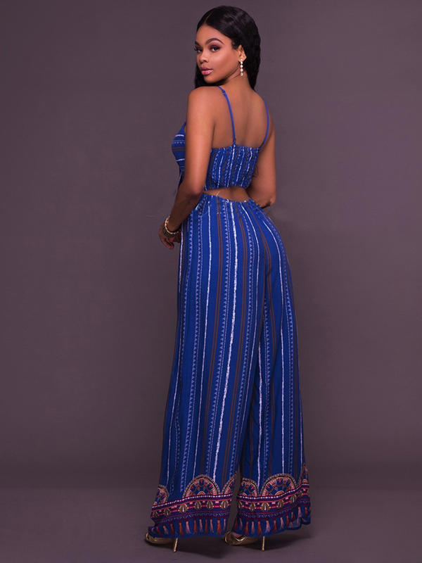 Blue S-XL Sexy Straps Vertical Grain Jumpsuit