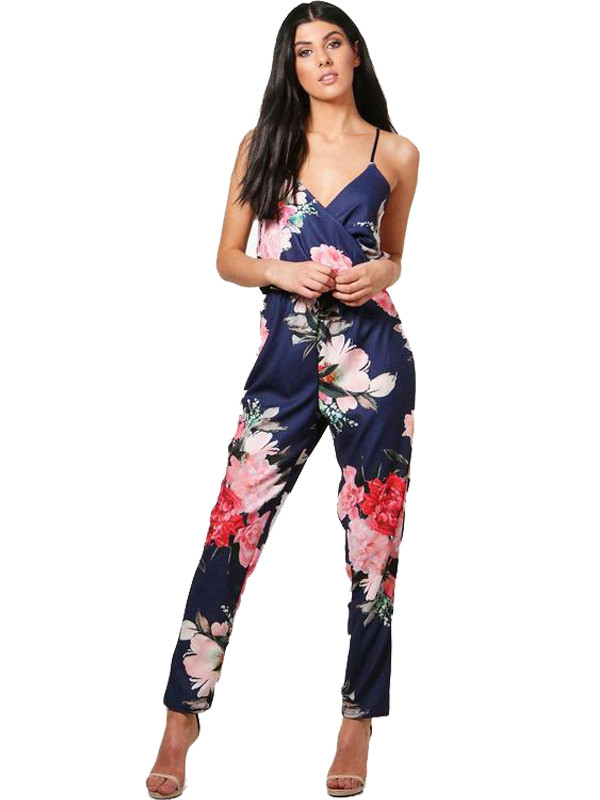 Drak Blue S-XL V-Nevk Straps Floral Jumpsuit