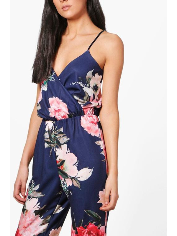 Drak Blue S-XL V-Nevk Straps Floral Jumpsuit