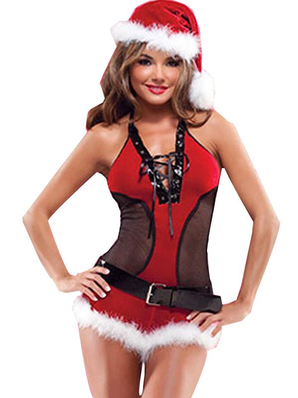 Halter Mesh Dress Ladies Christmas Santa Lingerie Costume