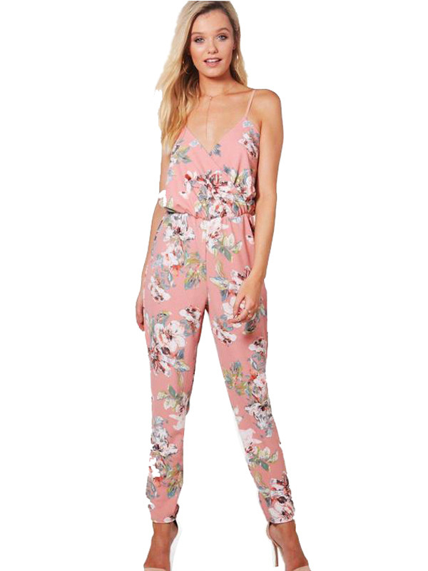 Pink S-XL V-Nevk Straps Floral Jumpsuit