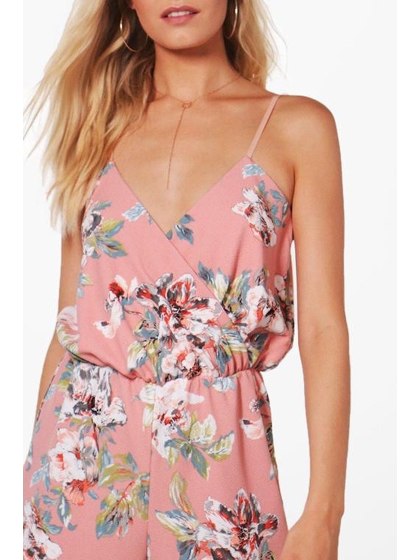 Pink S-XL V-Nevk Straps Floral Jumpsuit