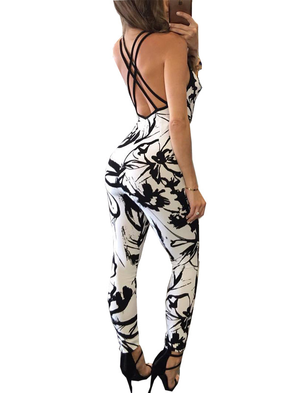 White S-XL Sexy Back Lace Up Jumpsuit