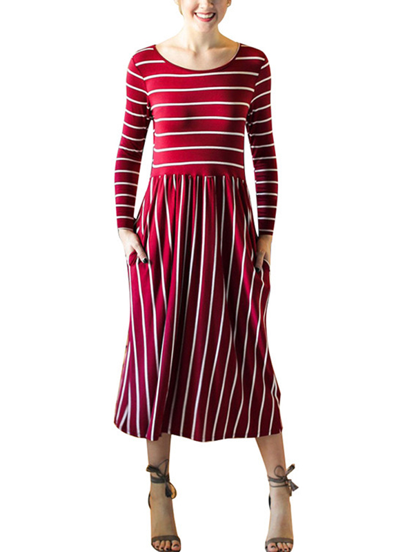 Wind Red S-XL Striped Design Maxi Dress