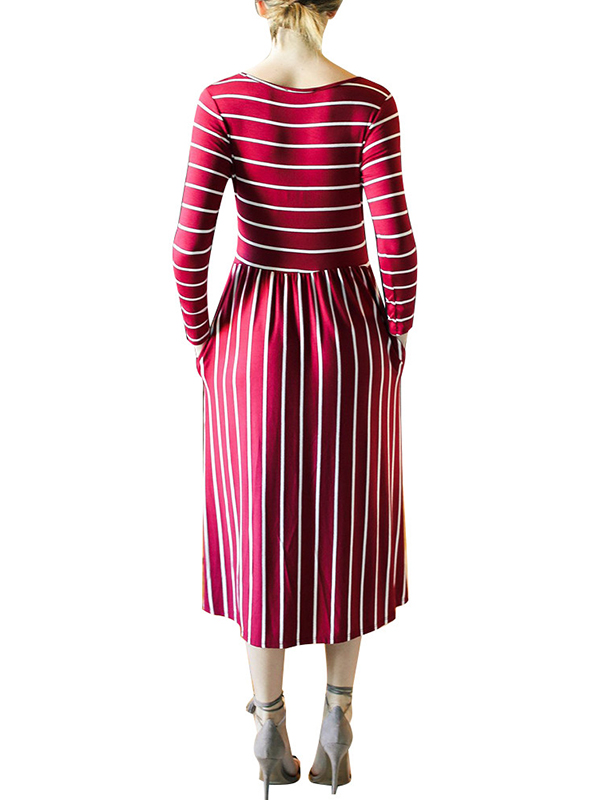 Wind Red S-XL Striped Design Maxi Dress