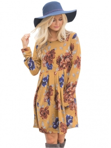 2 Colors S-XL Floral Printing High Waist Casual Dress
