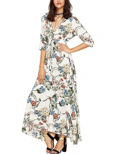 3 Colors S-XL Plunge Neck Flower Print Maxi Dress