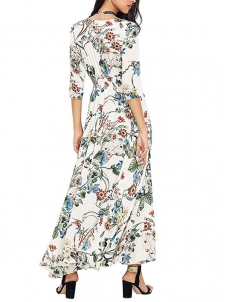 3 Colors S-XL Plunge Neck Flower Print Maxi Dress