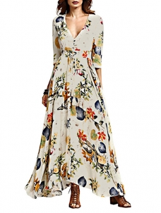 3 Colors S-XL Plunge Neck Flower Print Maxi Dress