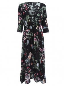 3 Colors S-XL Plunge Neck Flower Print Maxi Dress