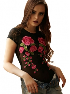 Black S-XL Sexy Floral Print Bodysuit