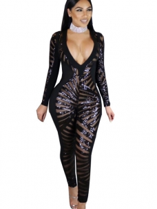 Black S-XL Sexy V-Neck Sequins Plung Jumpsuit