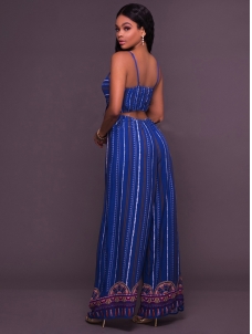 Blue S-XL Sexy Straps Vertical Grain Jumpsuit