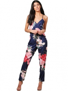 Drak Blue S-XL V-Nevk Straps Floral Jumpsuit