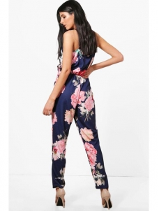 Drak Blue S-XL V-Nevk Straps Floral Jumpsuit
