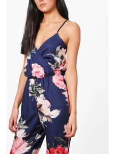 Drak Blue S-XL V-Nevk Straps Floral Jumpsuit
