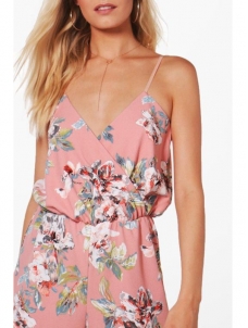 Pink S-XL V-Nevk Straps Floral Jumpsuit
