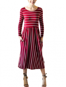 Wind Red S-XL Striped Design Maxi Dress
