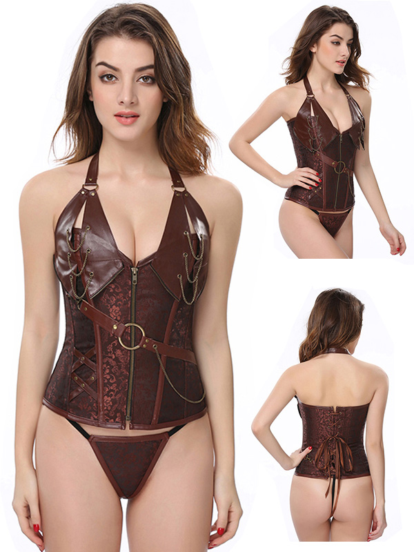 Brown Corset With Faux Leather Halterneck