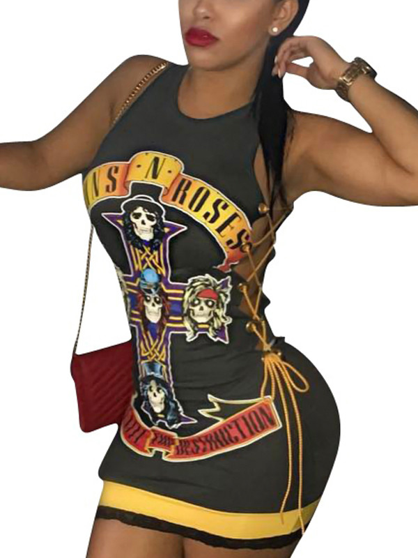  Round Neck Printed Lace-up Hollow-out Casual Dress