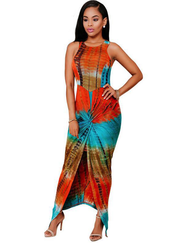  Round Neck Printed Pleated Rayon Bohemian Dress   