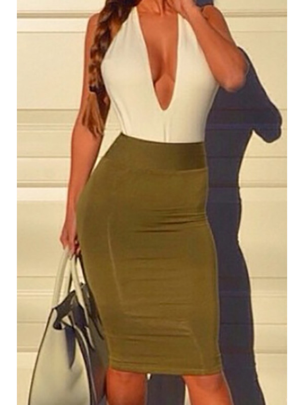  V Neck Tank Sleeveless Backless Patchwork Bodycon Dress 