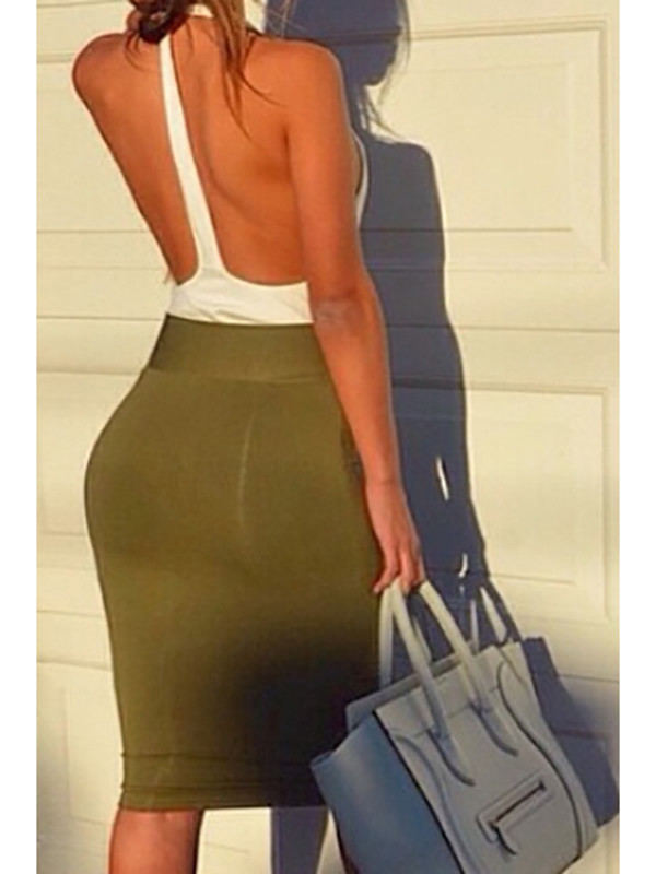  V Neck Tank Sleeveless Backless Patchwork Bodycon Dress 