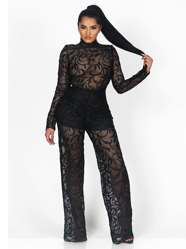 2 Colors Long Sleeves See-Through Jumpsuits 