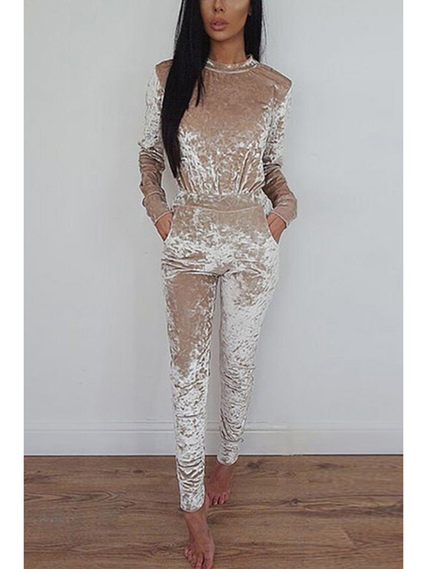 2 Colors Round Neck Velvet Jumpsuits