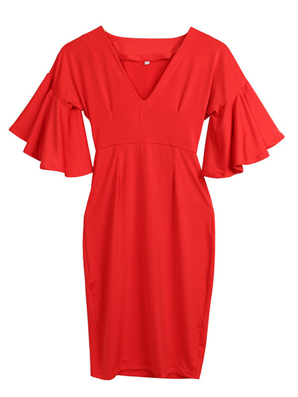 4 Colors Sexy V Neck Half Sleeve Midi Dresses 