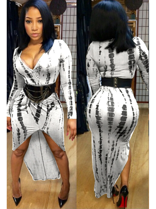 4 Colors Sexy V Neck Long Sleeves Print Dress