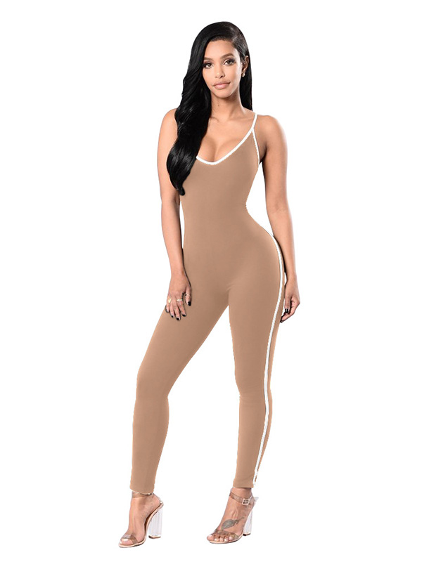 Apricot Polyester Striped Skinny Jumpsuits