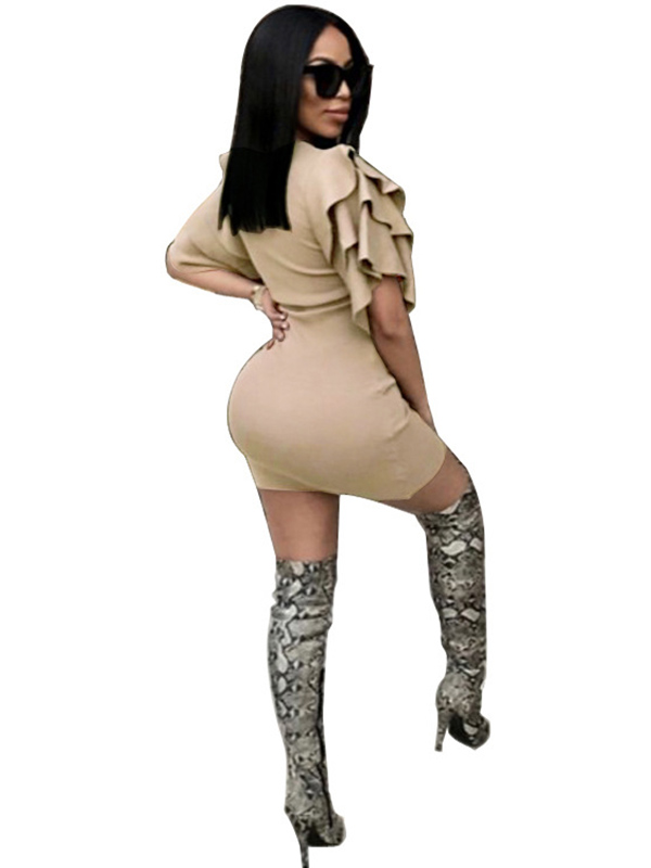 Apricot S-XXL Fashion Ruffle Sleeve Bodycon Dress