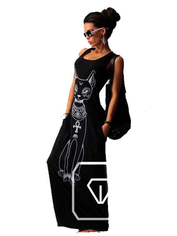 Black Cat Print Sheath Ankle Length Casual Dress 